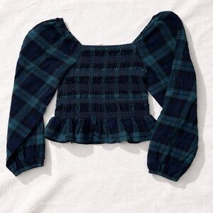 Hello Franki Plaid Smocked Puff Sleeve Crop Top Green Blue Youth XL